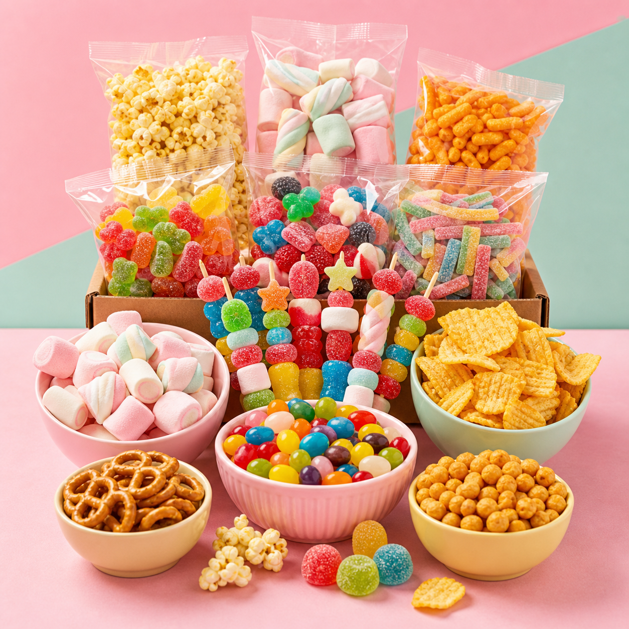 Surtido de chuches y snacks para fiesta